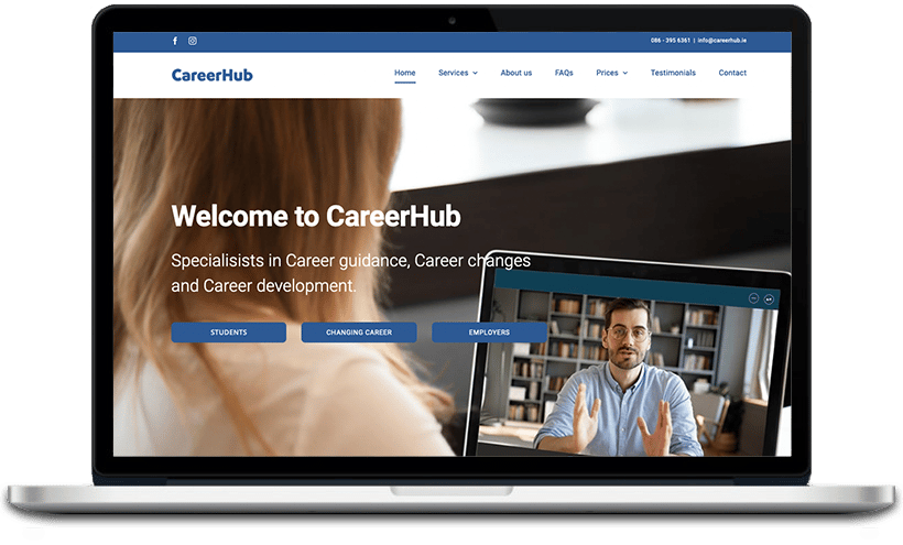 This image is welcoming visitors to CareerHub, which specializes in providing guidance, changes, and development for students and employers looking to change careers.