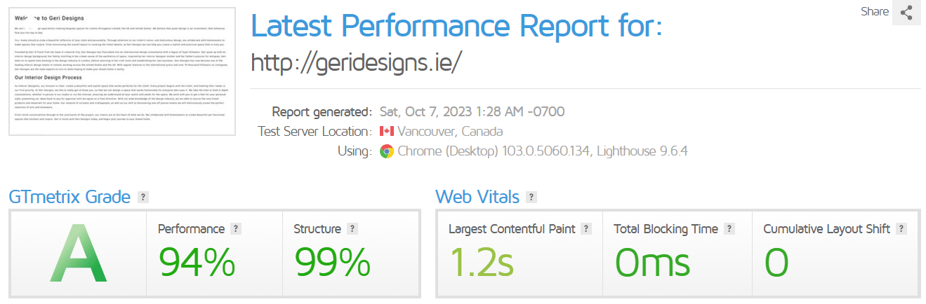 This image is a performance report generated for Geri Designs, an interior design company, showing their performance metrics such as GTmetrix Grade, Web Vitals, Structure, Largest Contentful Paint, Total Blocking Time, and Cumulative Layout Shift.