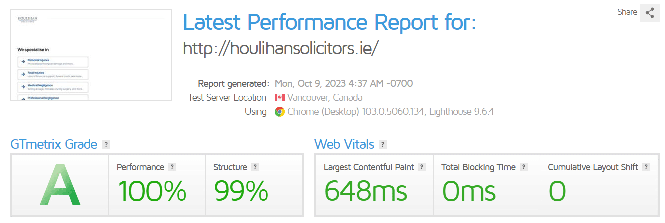 This image is displaying a performance report for the website http://houlihansolicitors.ie/, generated on October 9, 2023, using Chrome (Desktop) 103.0.5060.134, Lighthouse 9.6.4, showing the GTmetrix Grade, Web Vitals, Performance, Structure, Largest Contentful Paint, Total Blocking Time, and Cumulative Layout Shift as 100%, 99%, 648ms, 0ms, respectively.