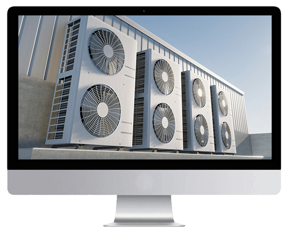 The image depicts six large industrial air conditioning units on a building rooftop, shown within a realistic-looking computer rendering on a monitor.
