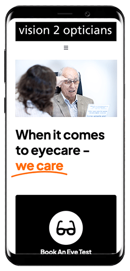 The image shows a smartphone displaying an advertisement for an optician service with the slogan "When it comes to eyecare - we care" and a booking button.